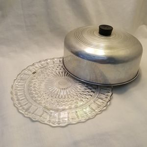Vtg Cake Plate with Tin Lid. Clear Glass.